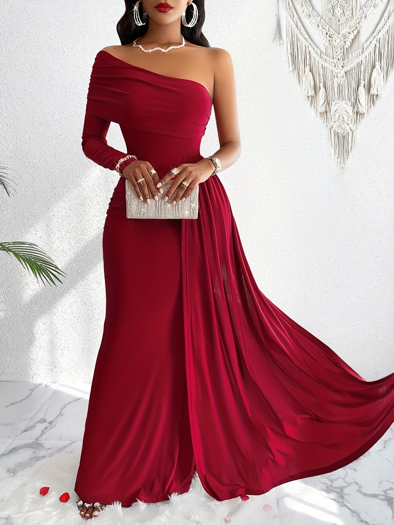 One-Shoulder Ruched Maxi Gown with Slit – Formal Draped Dress