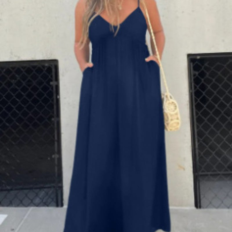 Wide-Leg V-Neck Sleeveless Jumpsuit – Flowy Summer Romper with Pockets