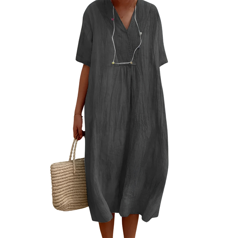 Linen V-Neck Midi Dress – Relaxed Fit with Pockets for Everyday Comfort