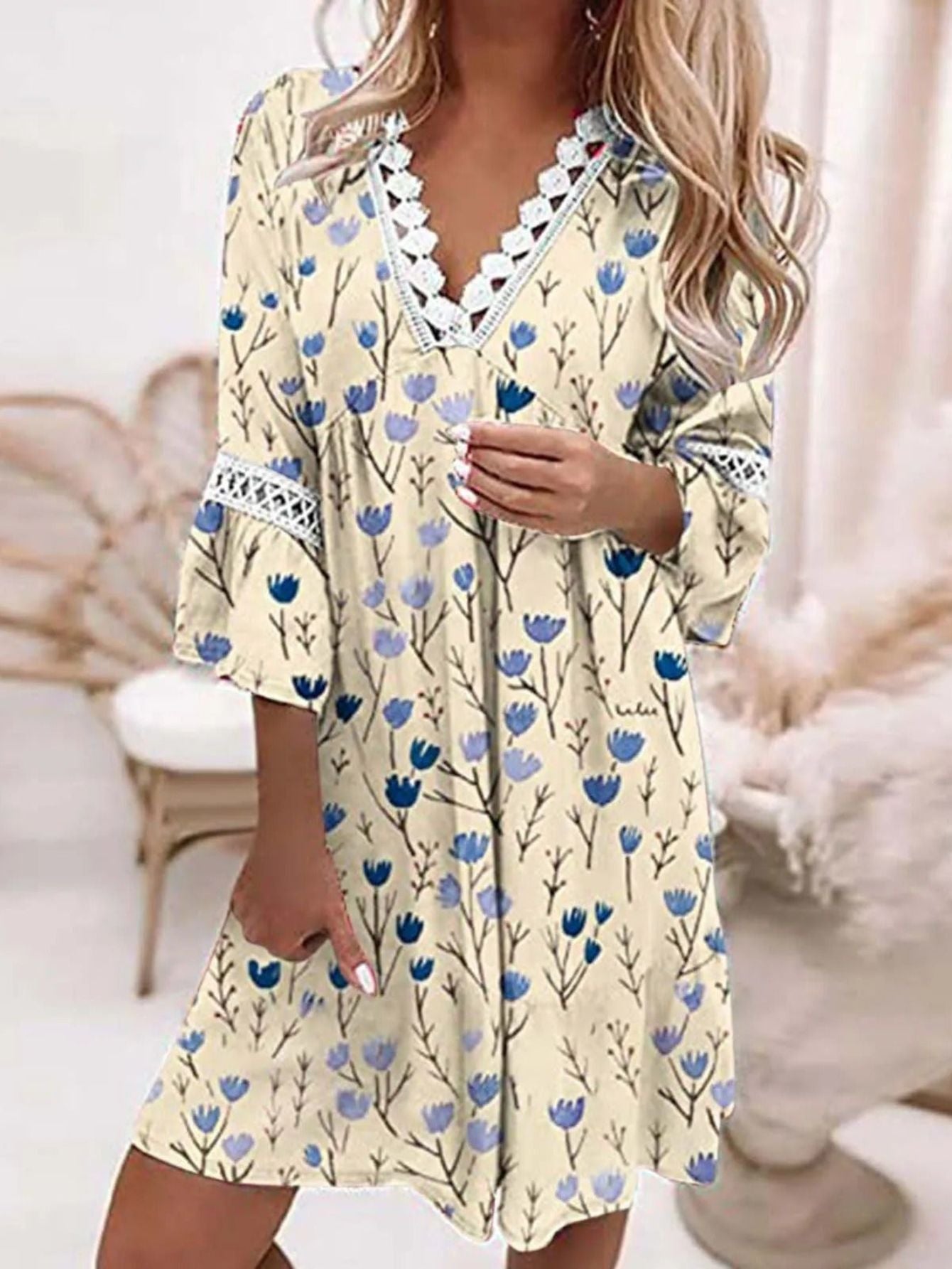 Printed-Boho Tunic Mini Dress - V-Neck 3/4 Sleeve