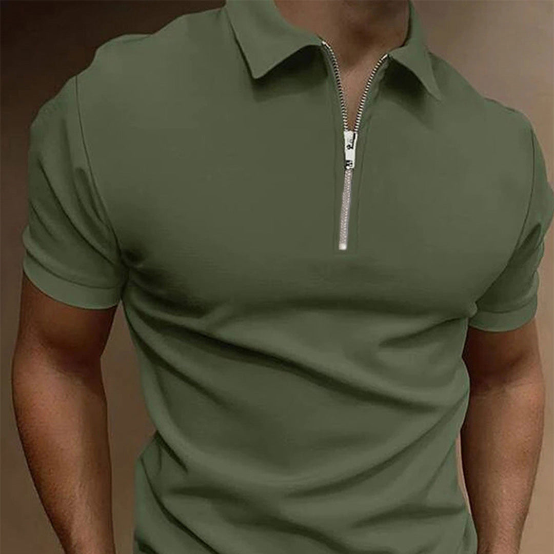 Men’s Slim Fit Polo Shirt – Zip Collar Short Sleeve in Solid Colors