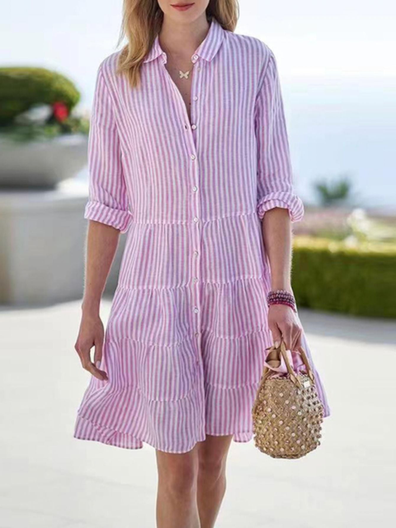 Striped Button-Up Shirt Dress – Relaxed Fit in Soft Pastel Tones