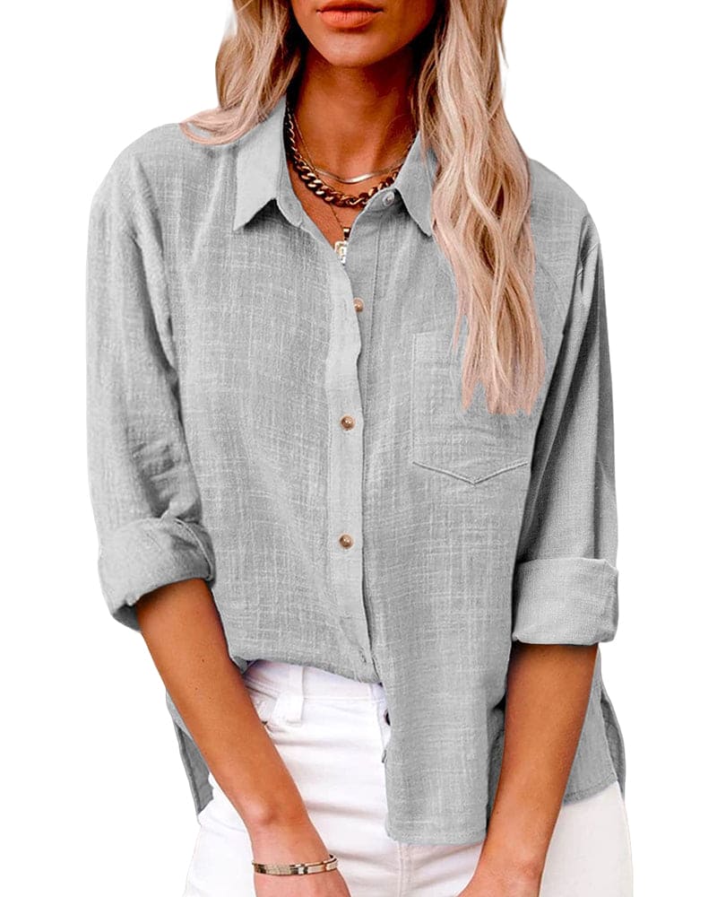 Women's Linen Button-Down Shirt – Casual Long Sleeve Collared Top