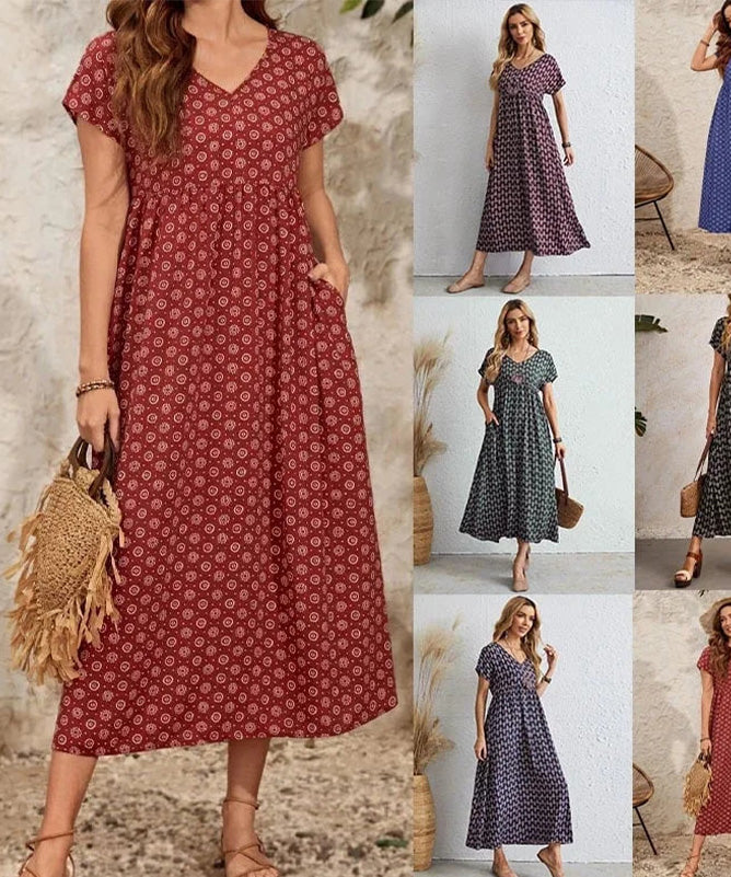 Boho Puff Sleeve Maxi Dress – Vintage Print Flowy Summer Style