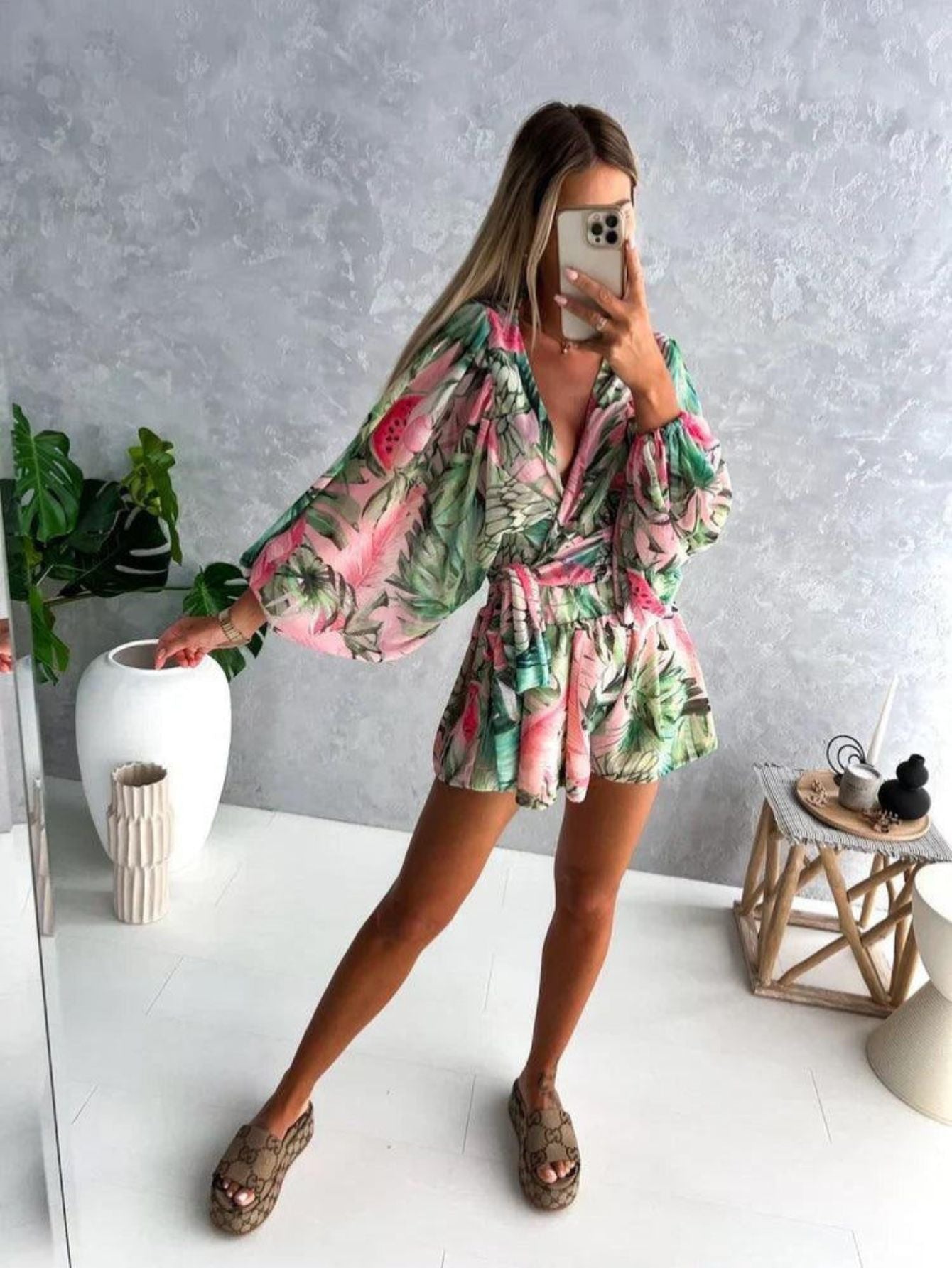 Floral-Boho Ruffle Romper - V-Neck Bell Sleeve