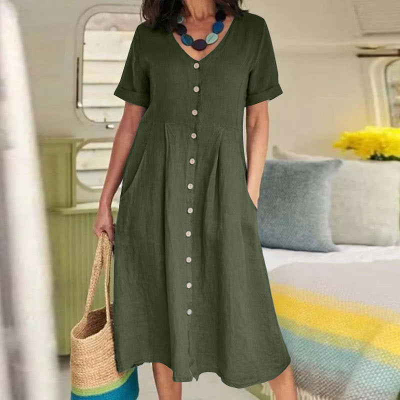 Short-Sleeve Button-Front Midi Dress - Casual Cotton Style