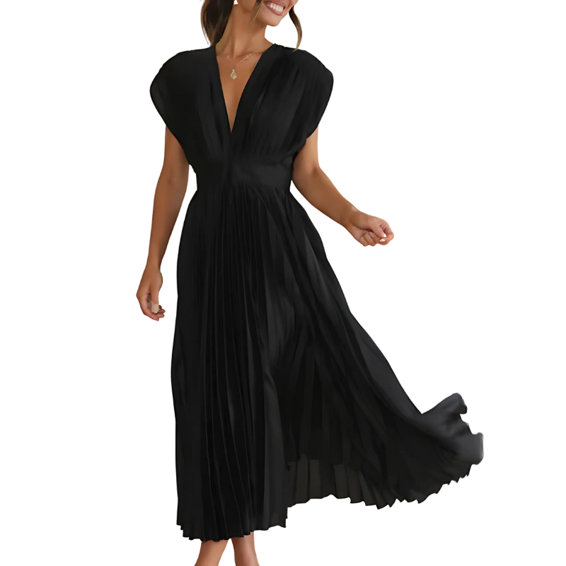 Elegant Pleated Cap Sleeve Maxi Dress – Flowy Silhouette for Day to Night