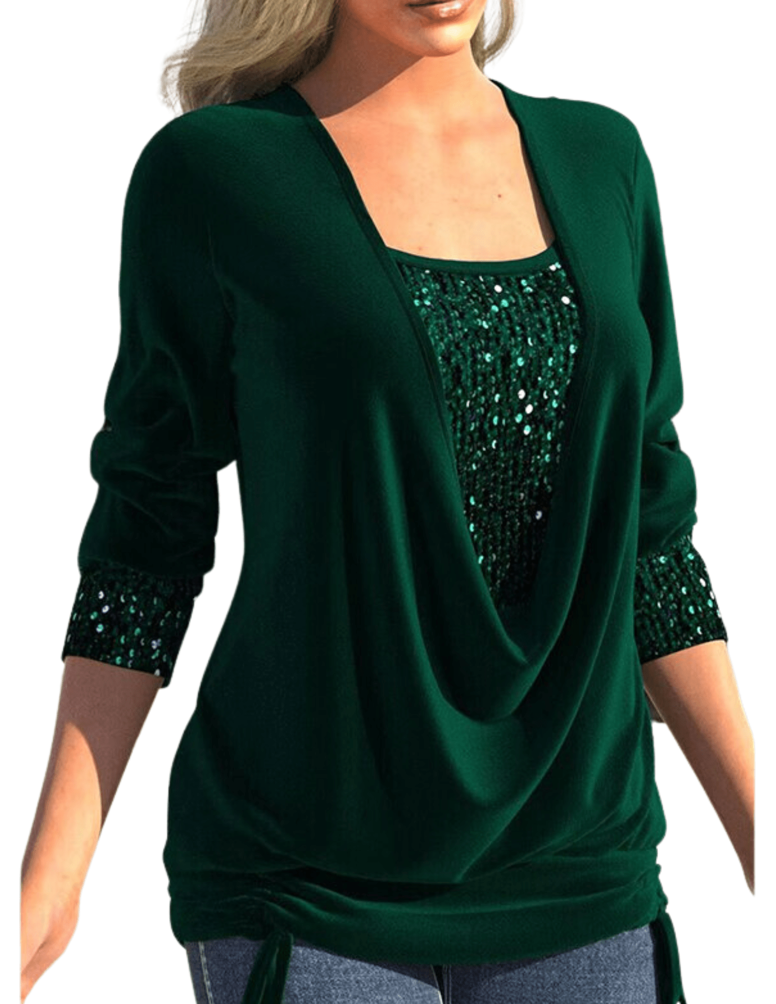 Womens Long Sleeve Top – Sequin Layered Look, Draped Fit Party Style