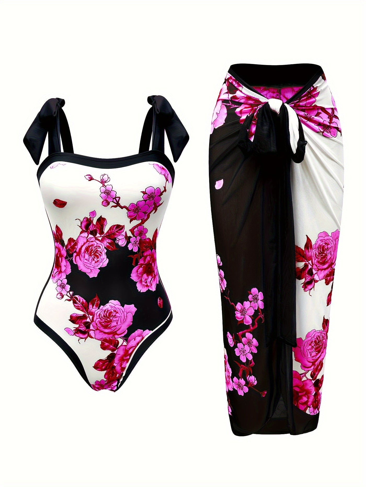 Floral One-Piece Swimsuit & Wrap Skirt Set – Elegant Beachwear