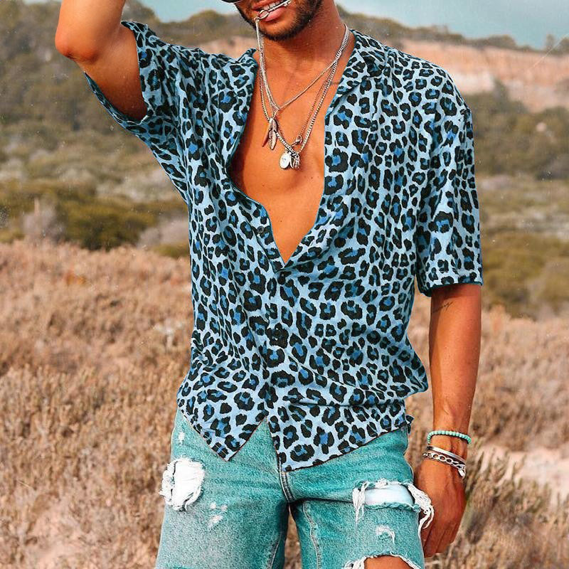Men's Revere Collar Shirt – Leopard Print, Relaxed Fit Holiday Shirt
