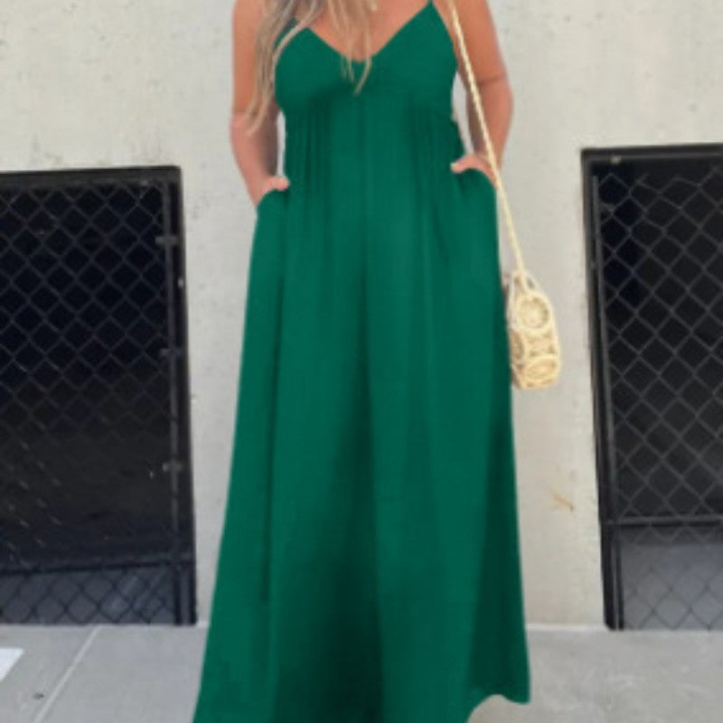 Wide-Leg V-Neck Sleeveless Jumpsuit – Flowy Summer Romper with Pockets