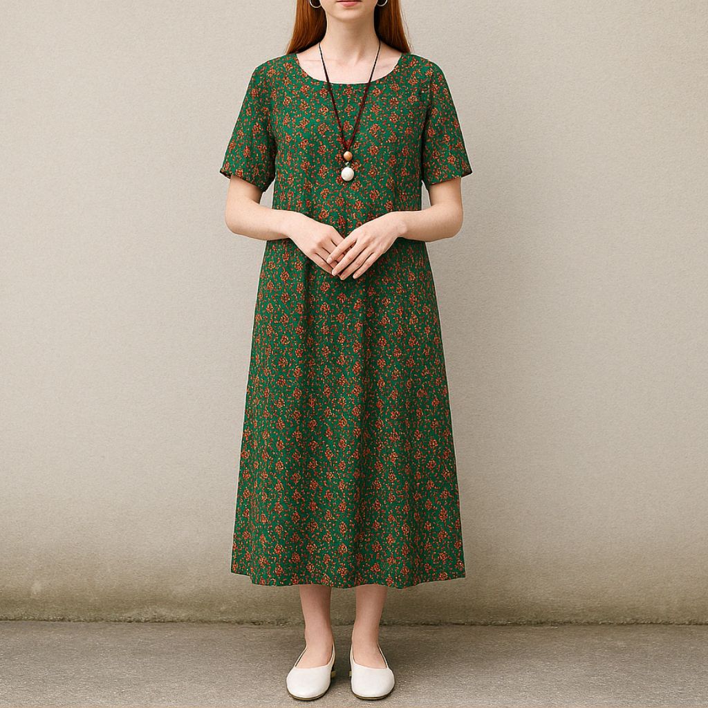 Boho Patchwork Floral Midi Dress – Short Sleeve Boho Style