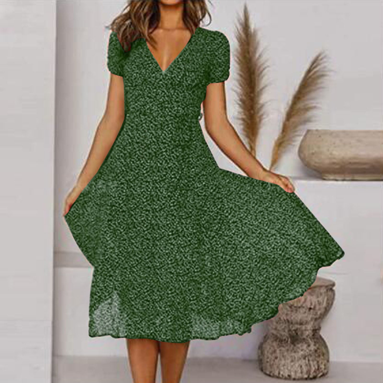 Womens Tea Dress – V-Neck Ditsy Print, Fit and Flare Summer Dress