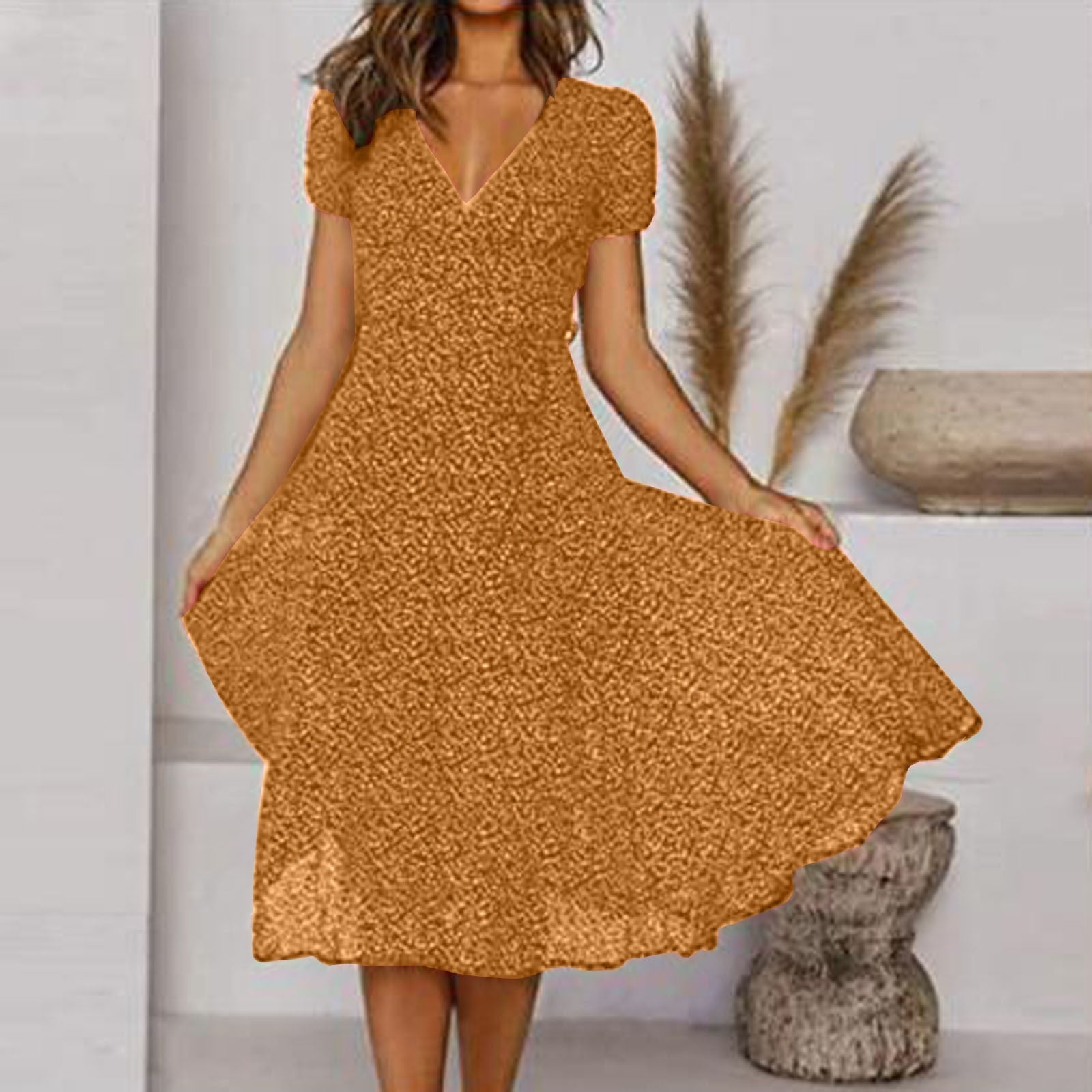 Womens Tea Dress – V-Neck Ditsy Print, Fit and Flare Summer Dress