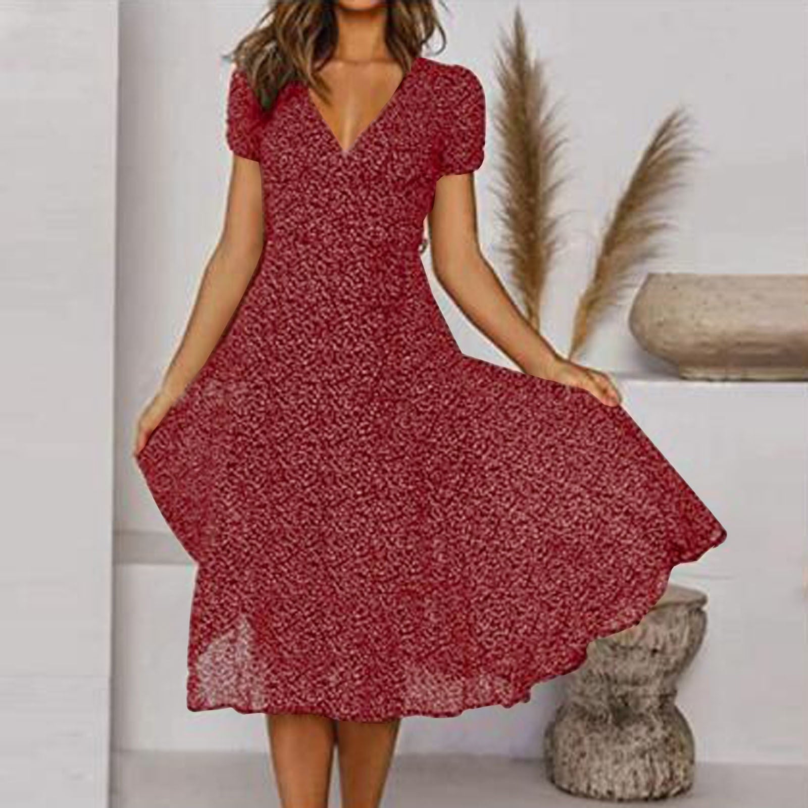 Womens Tea Dress – V-Neck Ditsy Print, Fit and Flare Summer Dress