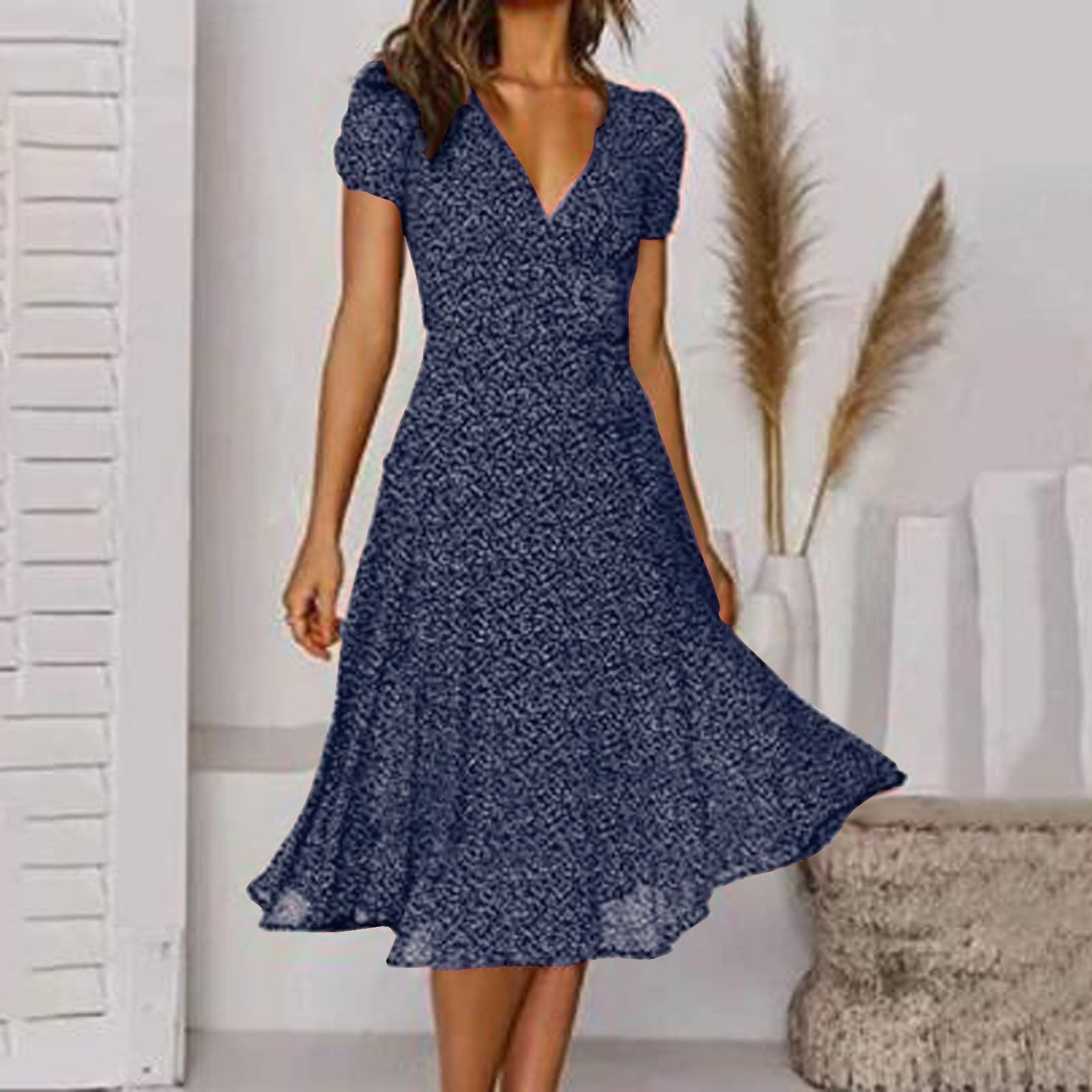 Womens Tea Dress – V-Neck Ditsy Print, Fit and Flare Summer Dress