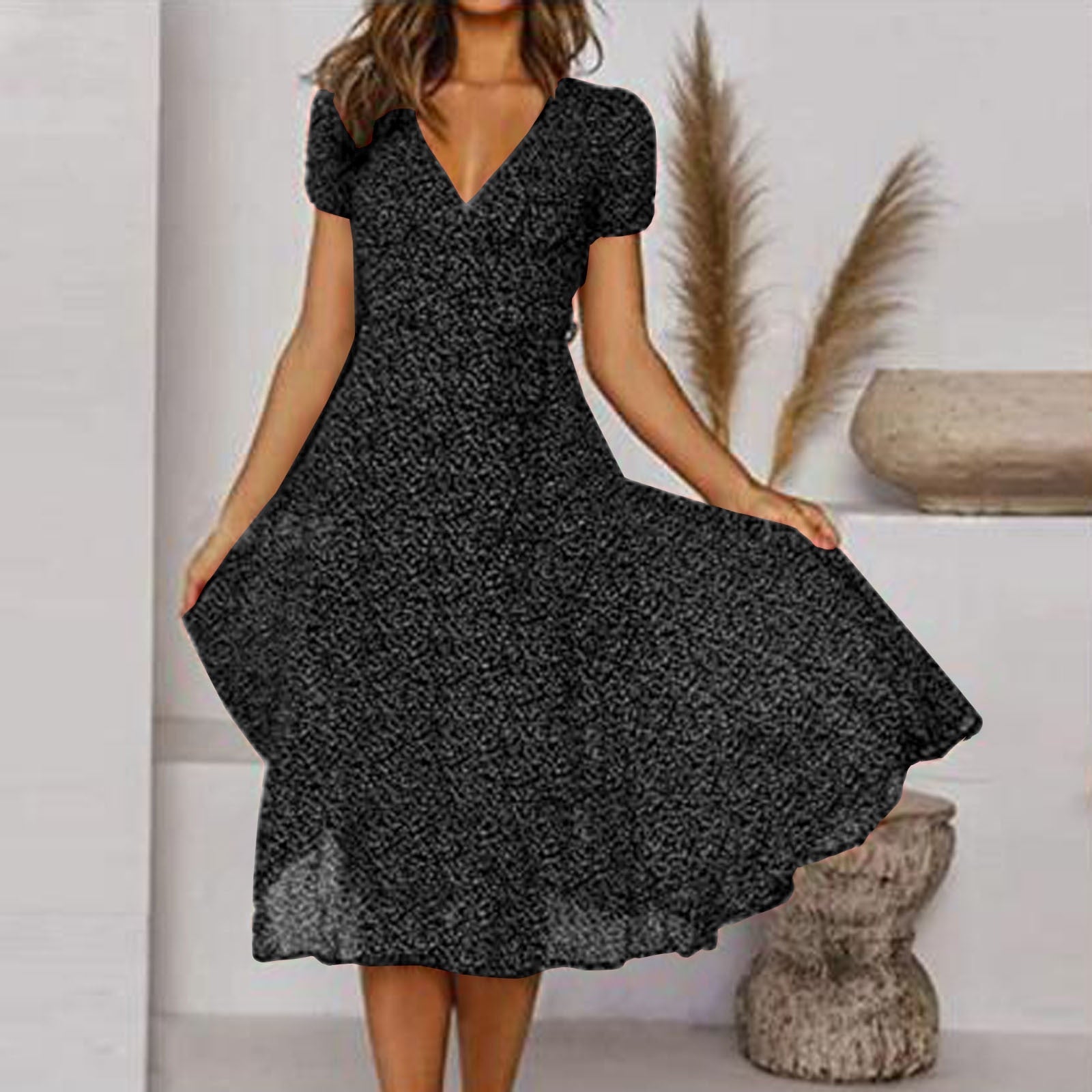 Womens Tea Dress – V-Neck Ditsy Print, Fit and Flare Summer Dress