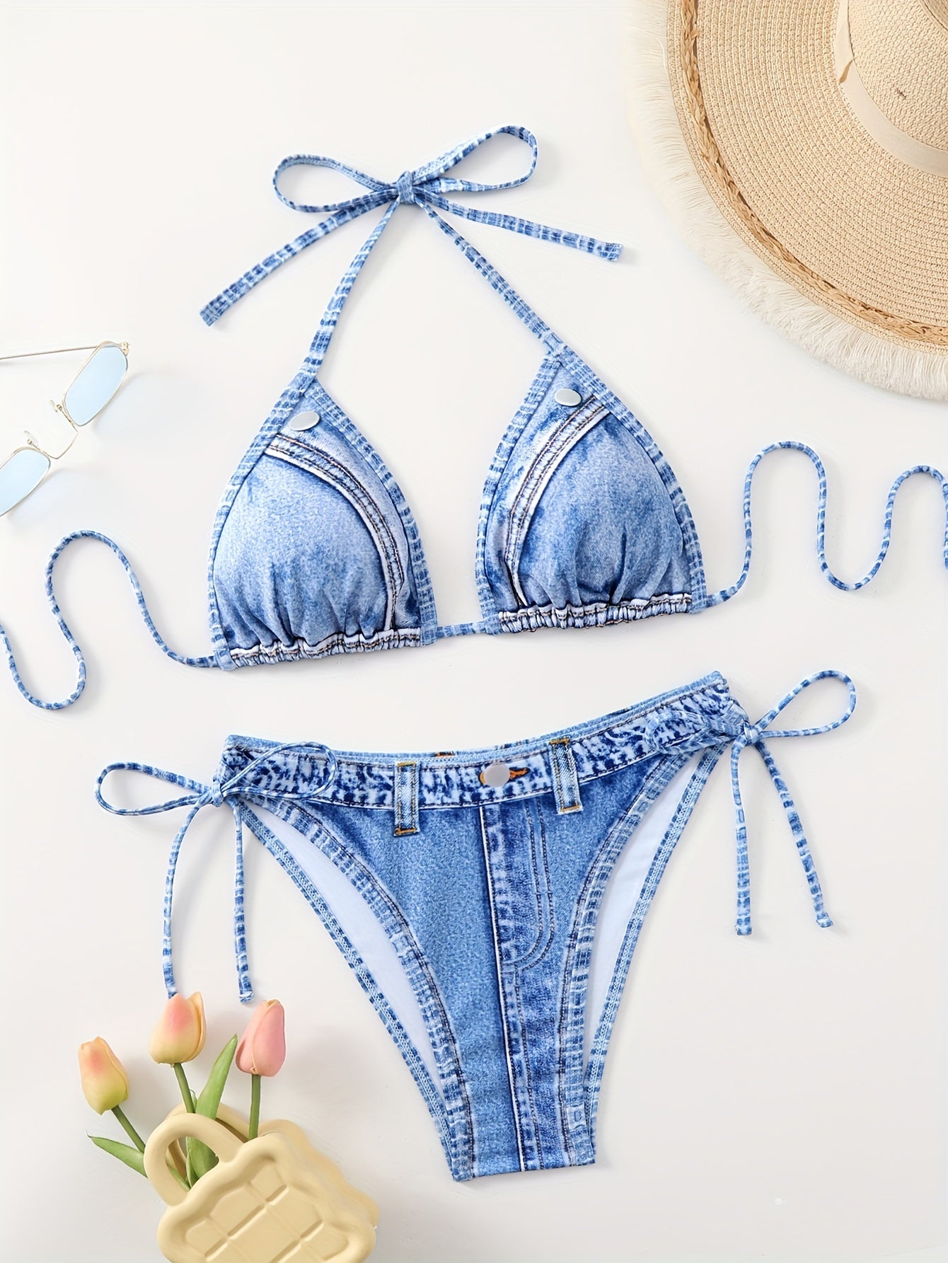 Ruched Tie-Dye Bikini Set – Adjustable Triangle Top in Washed Blue