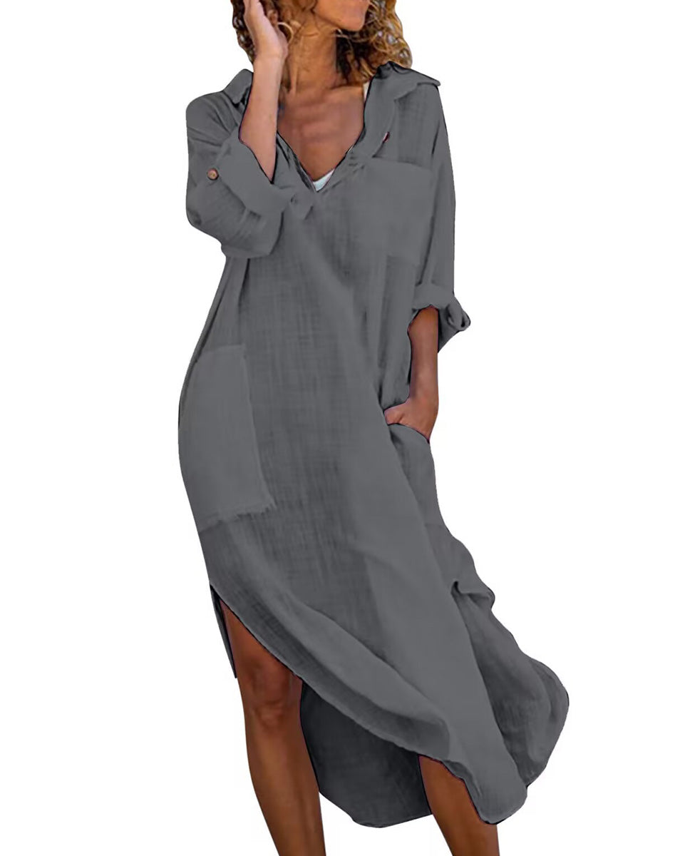 Button-Front Collared Long Shirt Dress with Side Slit – Casual Resort Wear