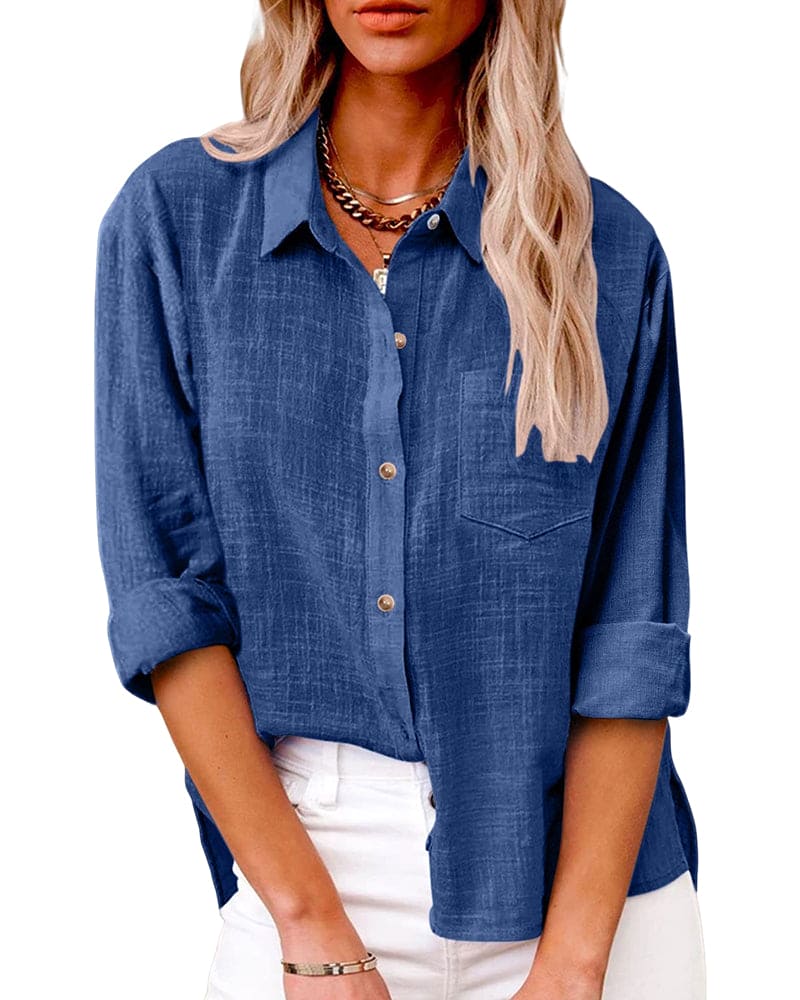 Women's Linen Button-Down Shirt – Casual Long Sleeve Collared Top
