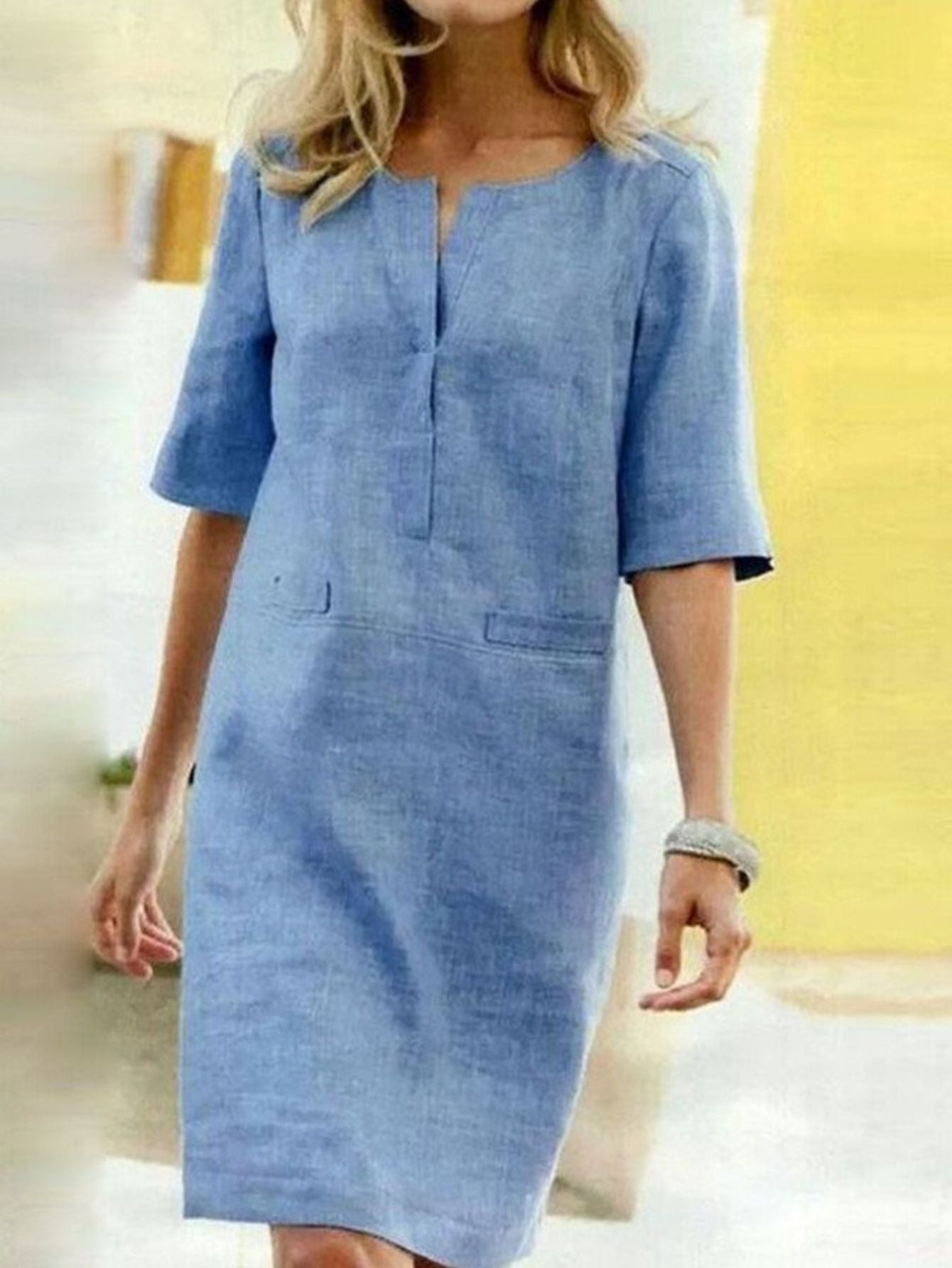 Half-Sleeve-Cotton Shift Dress - Square Neckline