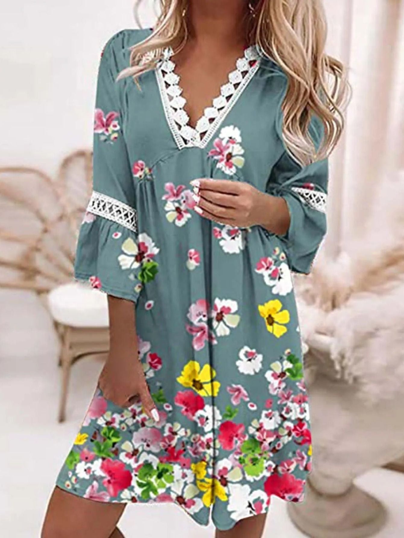 Printed-Boho Tunic Mini Dress - V-Neck 3/4 Sleeve