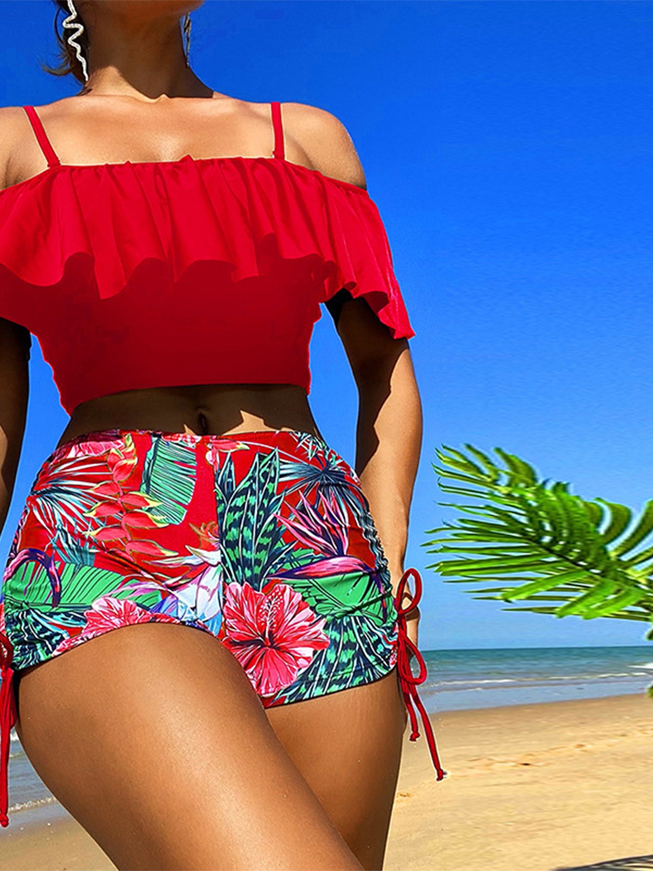Off-Shoulder Ruffle Bikini Set with Tropical High-Waist Shorts