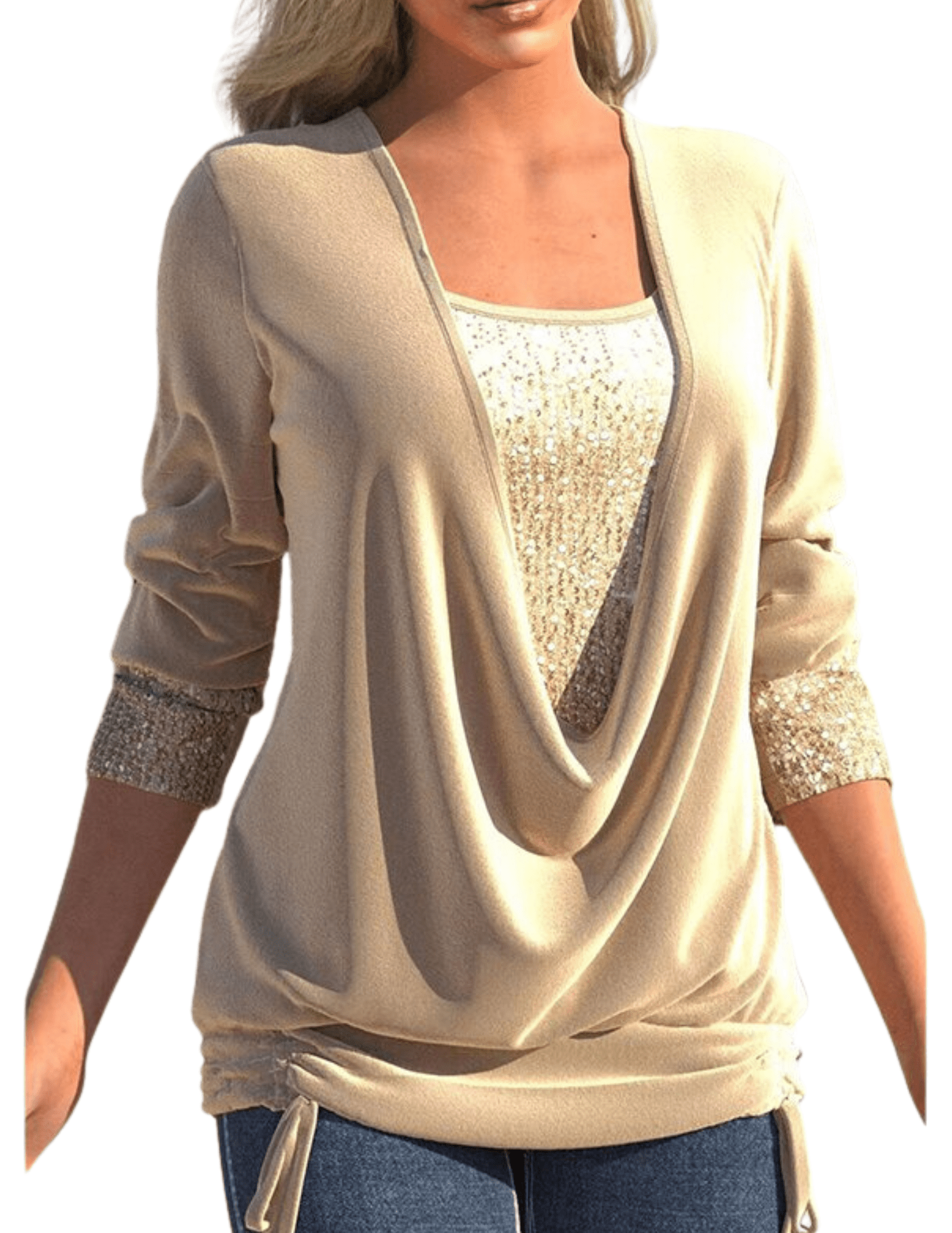 Womens Long Sleeve Top – Sequin Layered Look, Draped Fit Party Style