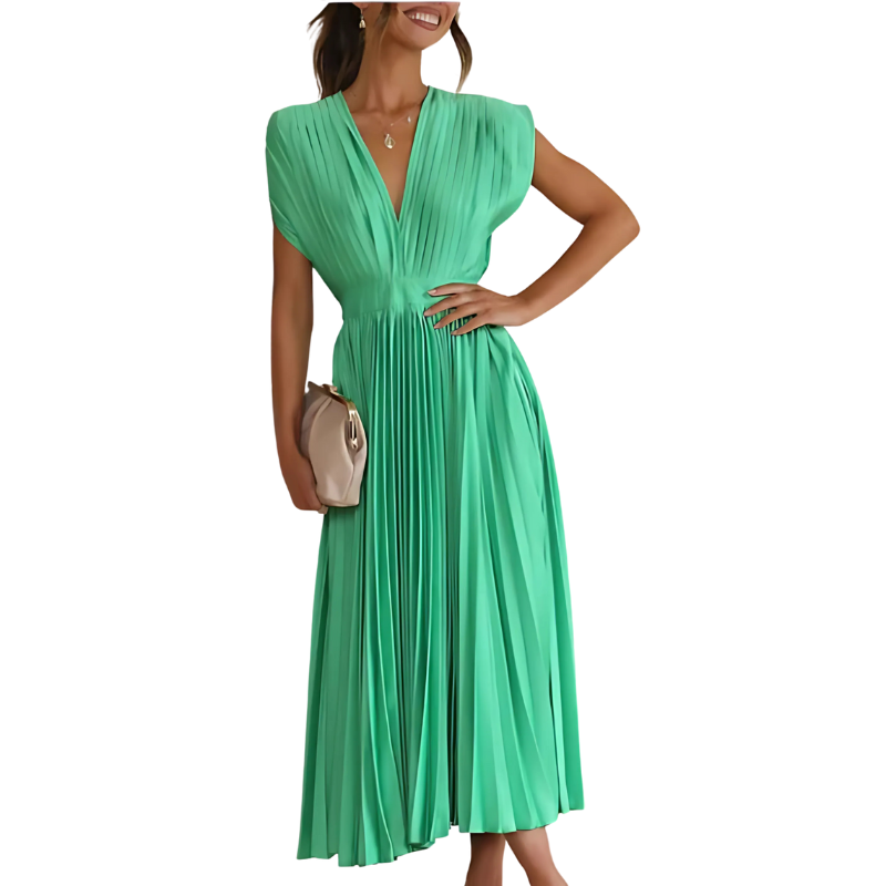Elegant Pleated Cap Sleeve Maxi Dress – Flowy Silhouette for Day to Night