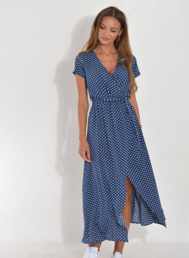 Boho Belted Midi Dress – V-Neck Slit Dress for Summer Casual Chic
