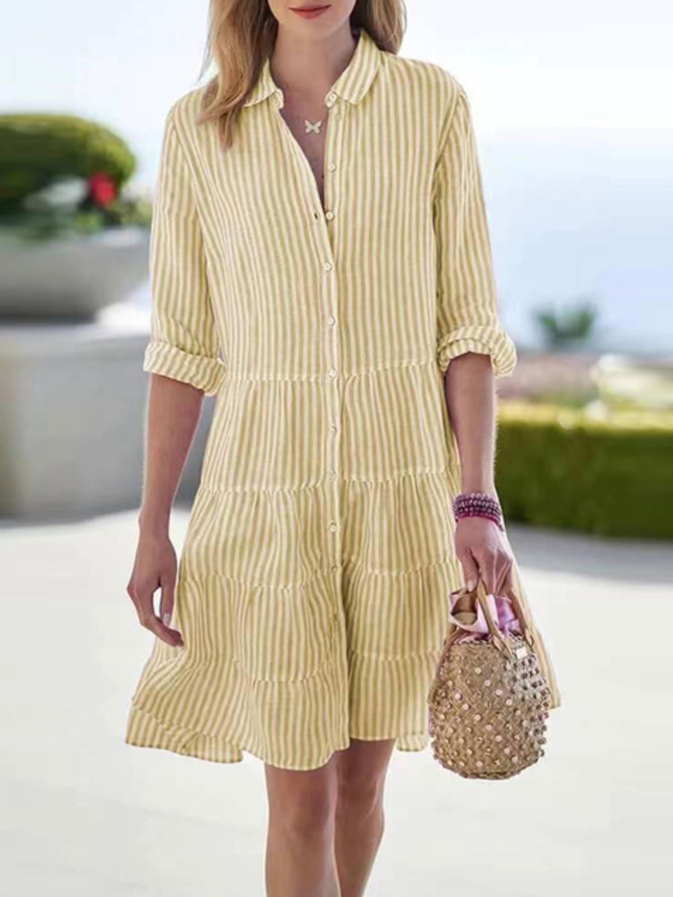 Striped Button-Up Shirt Dress – Relaxed Fit in Soft Pastel Tones