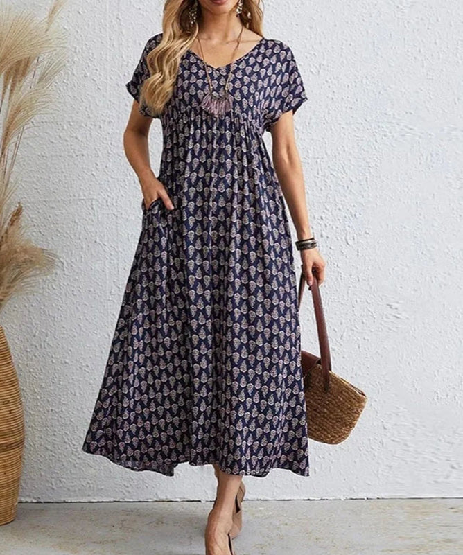 Boho Puff Sleeve Maxi Dress – Vintage Print Flowy Summer Style