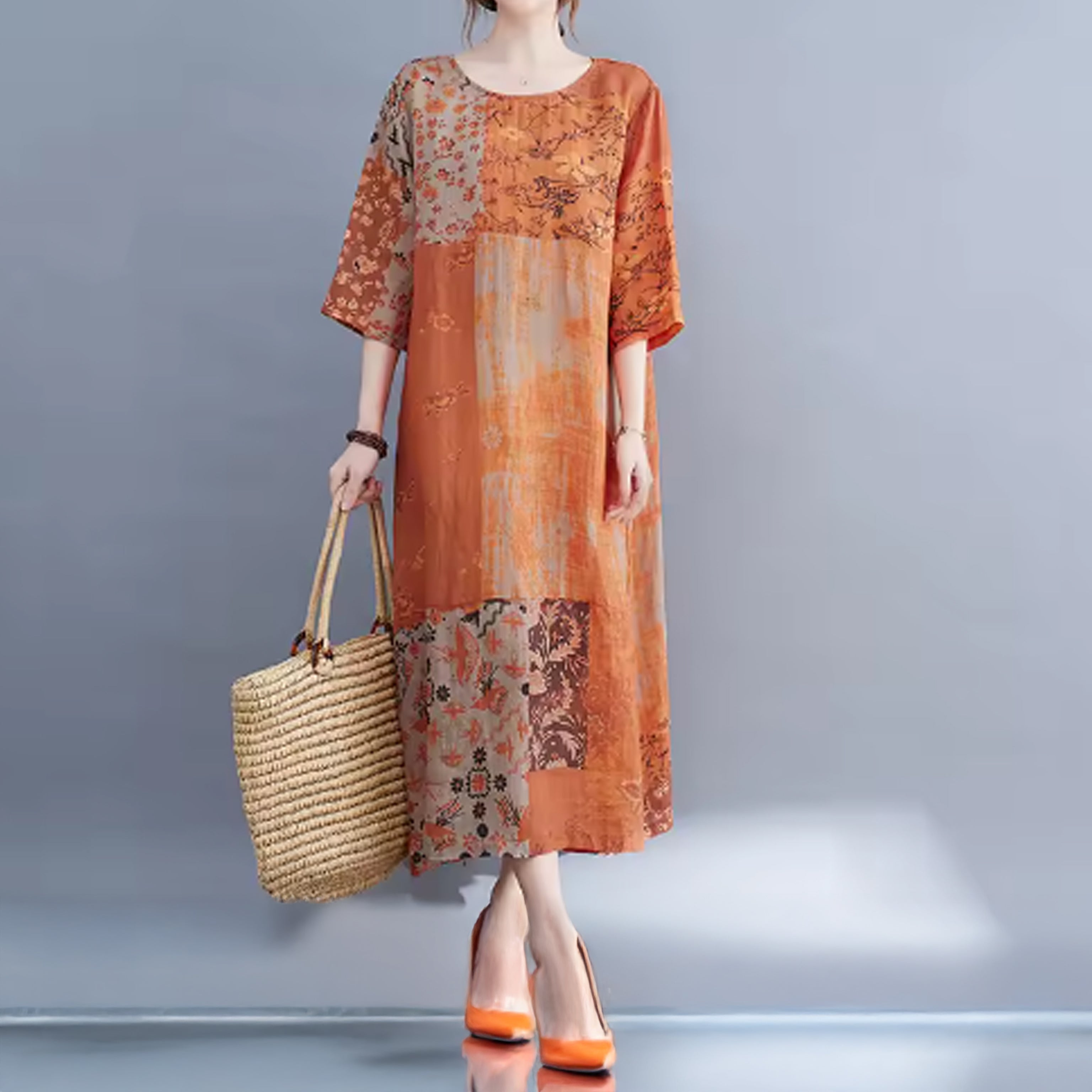 Boho Colour block Patchwork Dress with Side Slit and Half Sleeves