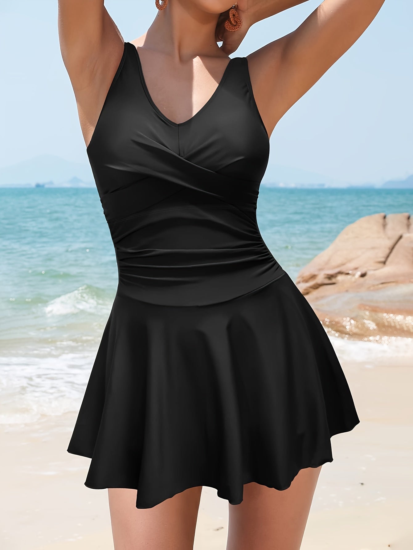 Black V-Neck Swim Dress with Flattering Fit and Built-In Support