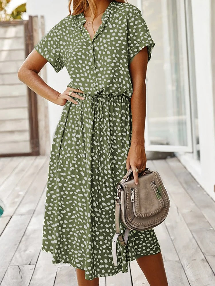 Women's Midi Shirt Dress – Spotty Print, Relaxed Fit Casual Day Dress
