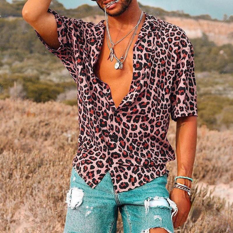 Men's Revere Collar Shirt – Leopard Print, Relaxed Fit Holiday Shirt