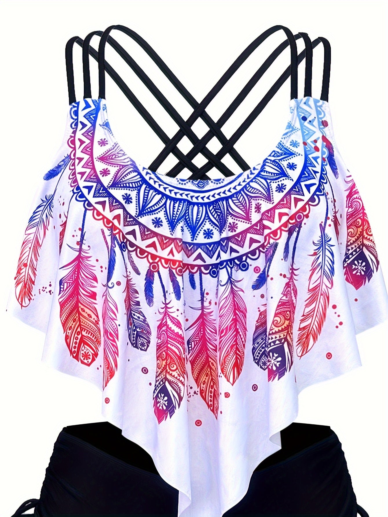 Feather Print Tankini – Crisscross Strap Top & High-Waist Bottom