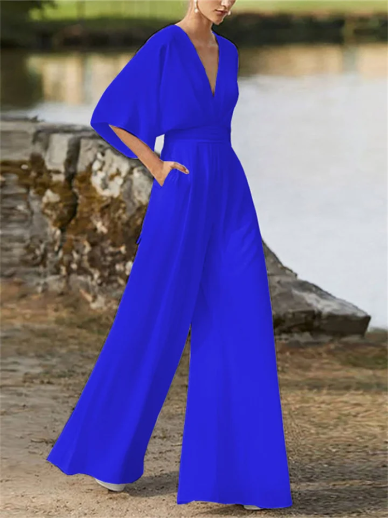 Women's Jumpsuit – Kimono Sleeve Wrap, Elegant Wide Leg Occasionwear