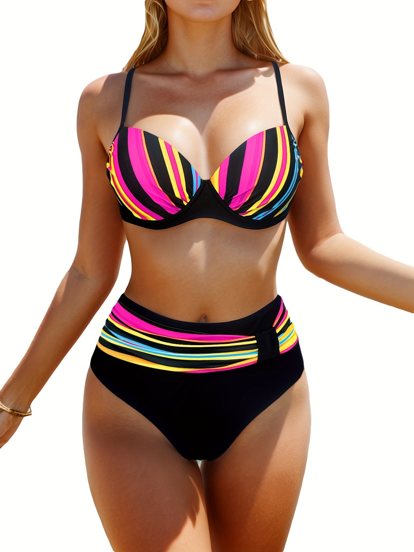 Striped Push-Up Bikini Set – High Waist Two-Piece Swimwear