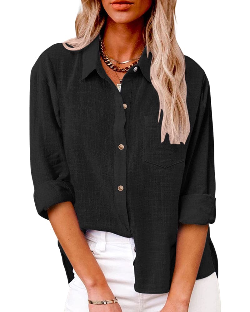 Women's Linen Button-Down Shirt – Casual Long Sleeve Collared Top