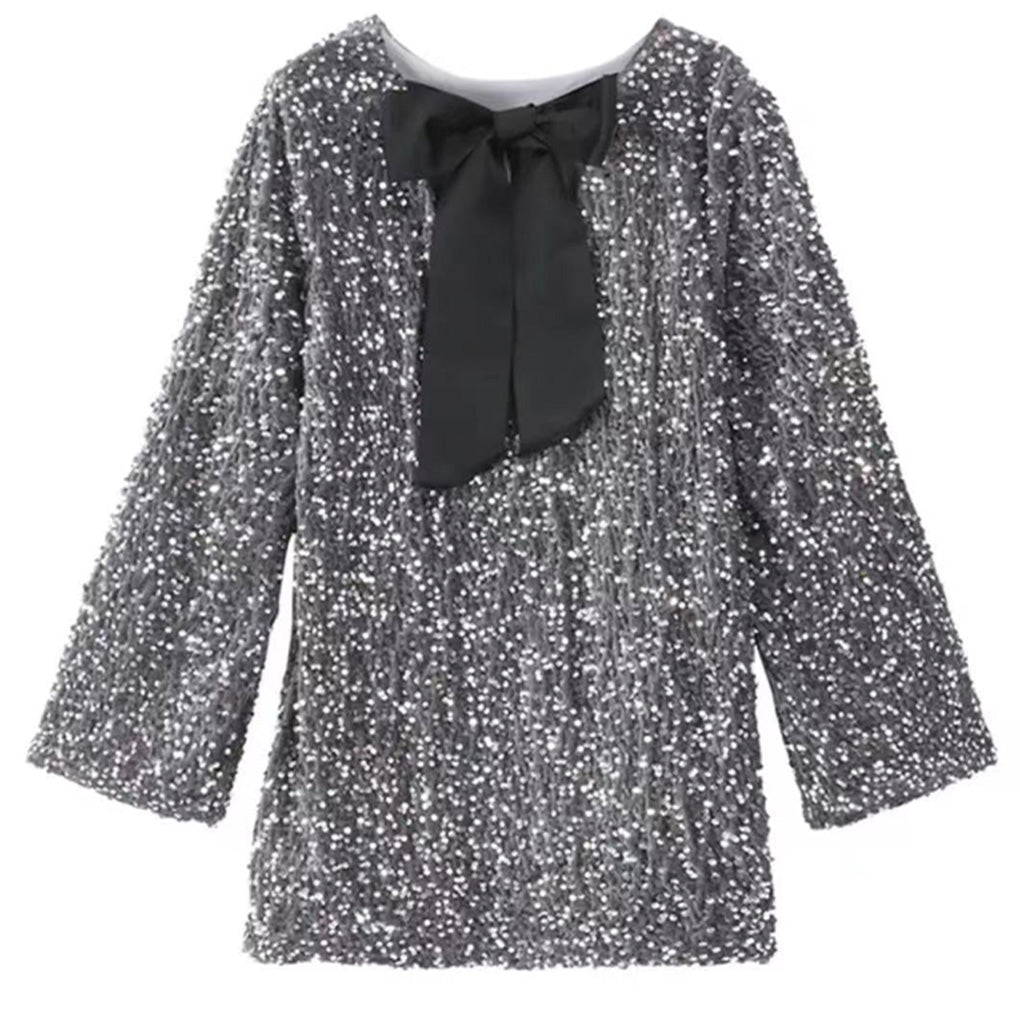 Sequin Long Sleeve Mini Dress – Sparkly Party Look With Bow Detail