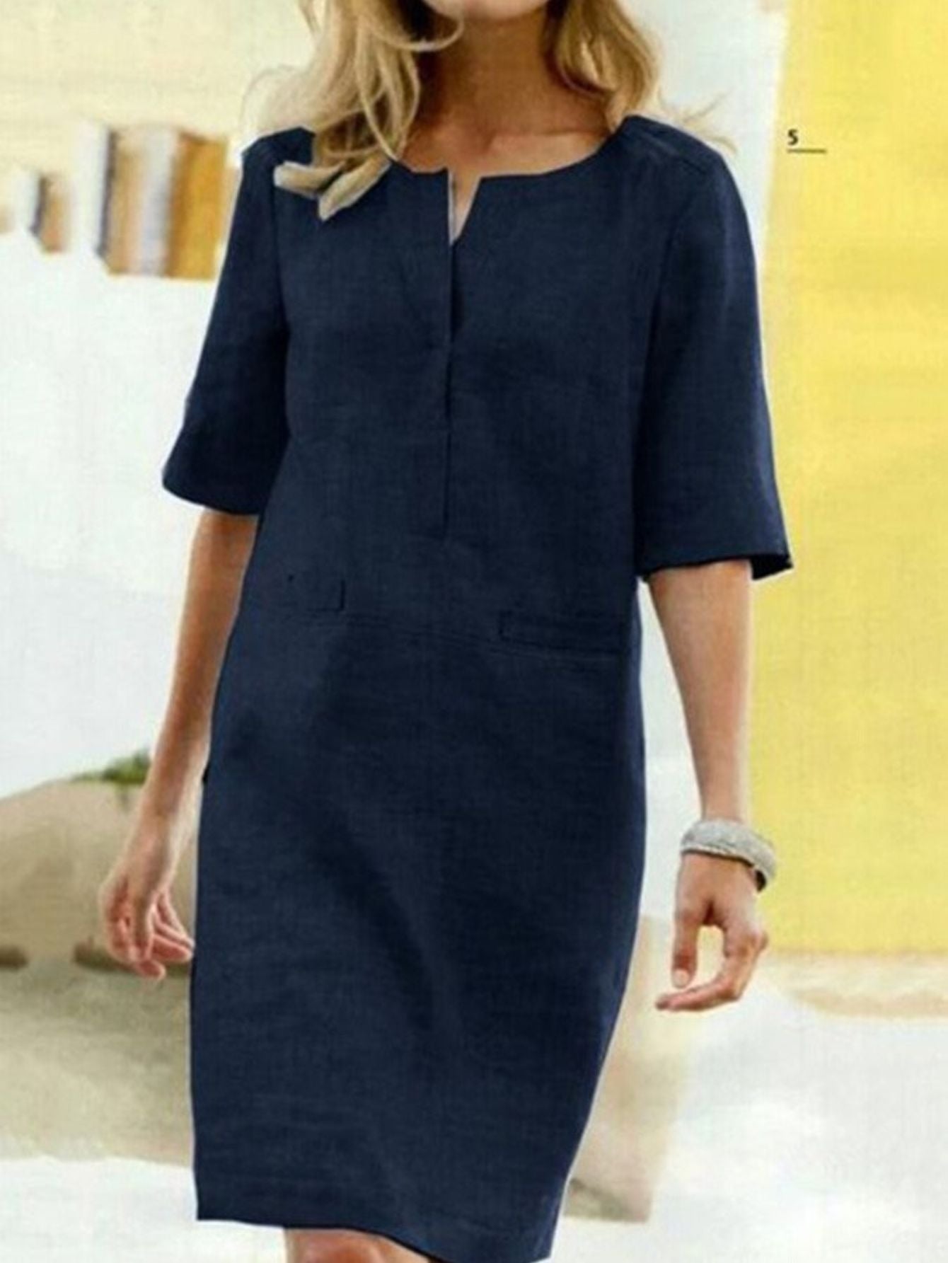Half-Sleeve-Cotton Shift Dress - Square Neckline