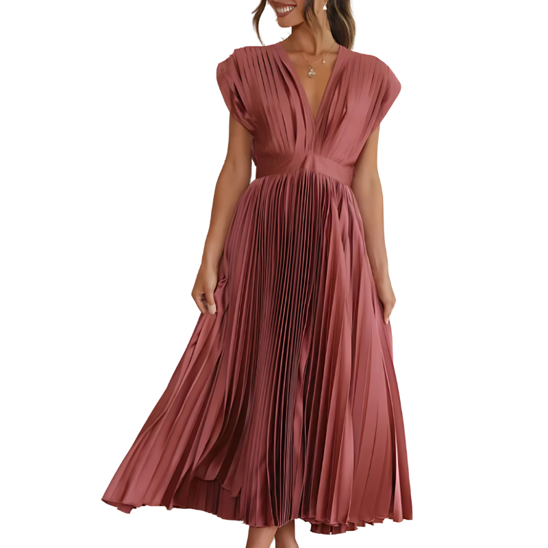Elegant Pleated Cap Sleeve Maxi Dress – Flowy Silhouette for Day to Night