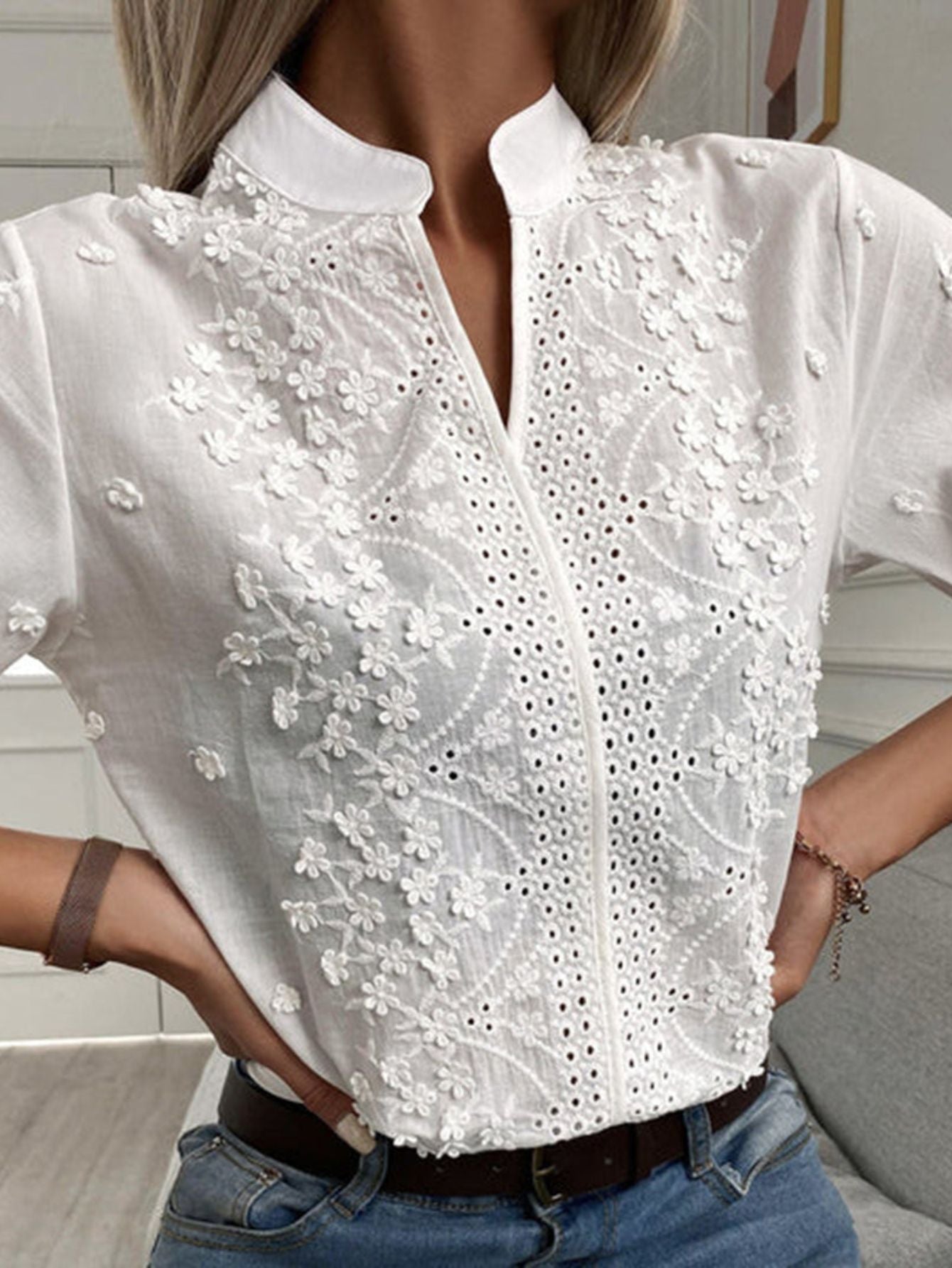 Embroidered-Cotton Button-Up Blouse - Short Sleeve Collared Shirt