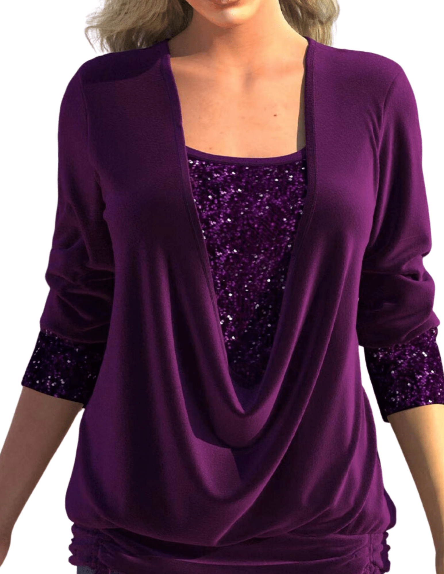 Womens Long Sleeve Top – Sequin Layered Look, Draped Fit Party Style