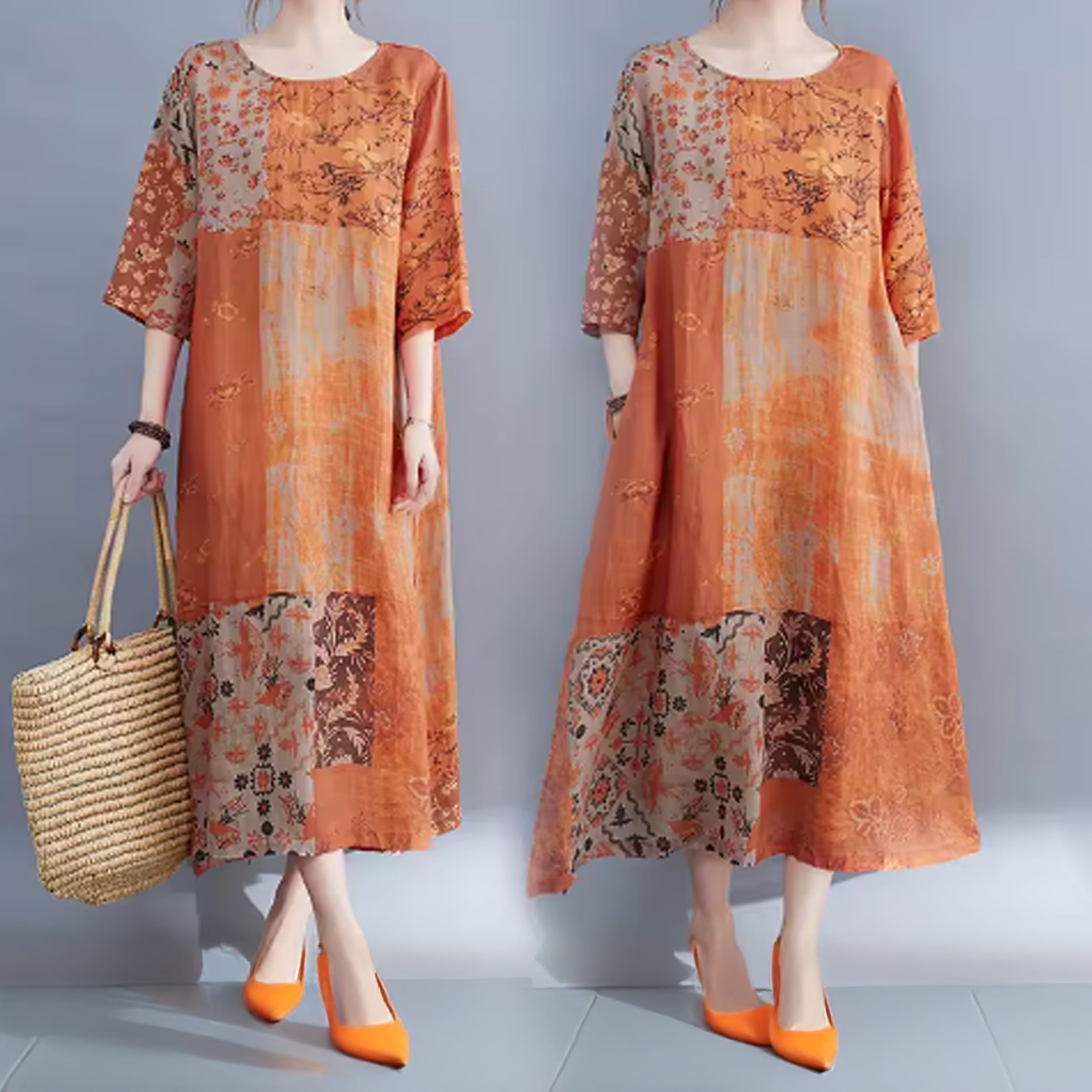 Boho Colour block Patchwork Dress with Side Slit and Half Sleeves