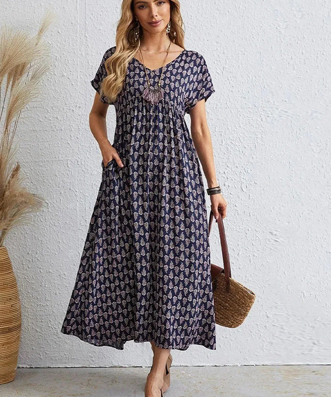 Boho Puff Sleeve Maxi Dress – Vintage Print Flowy Summer Style