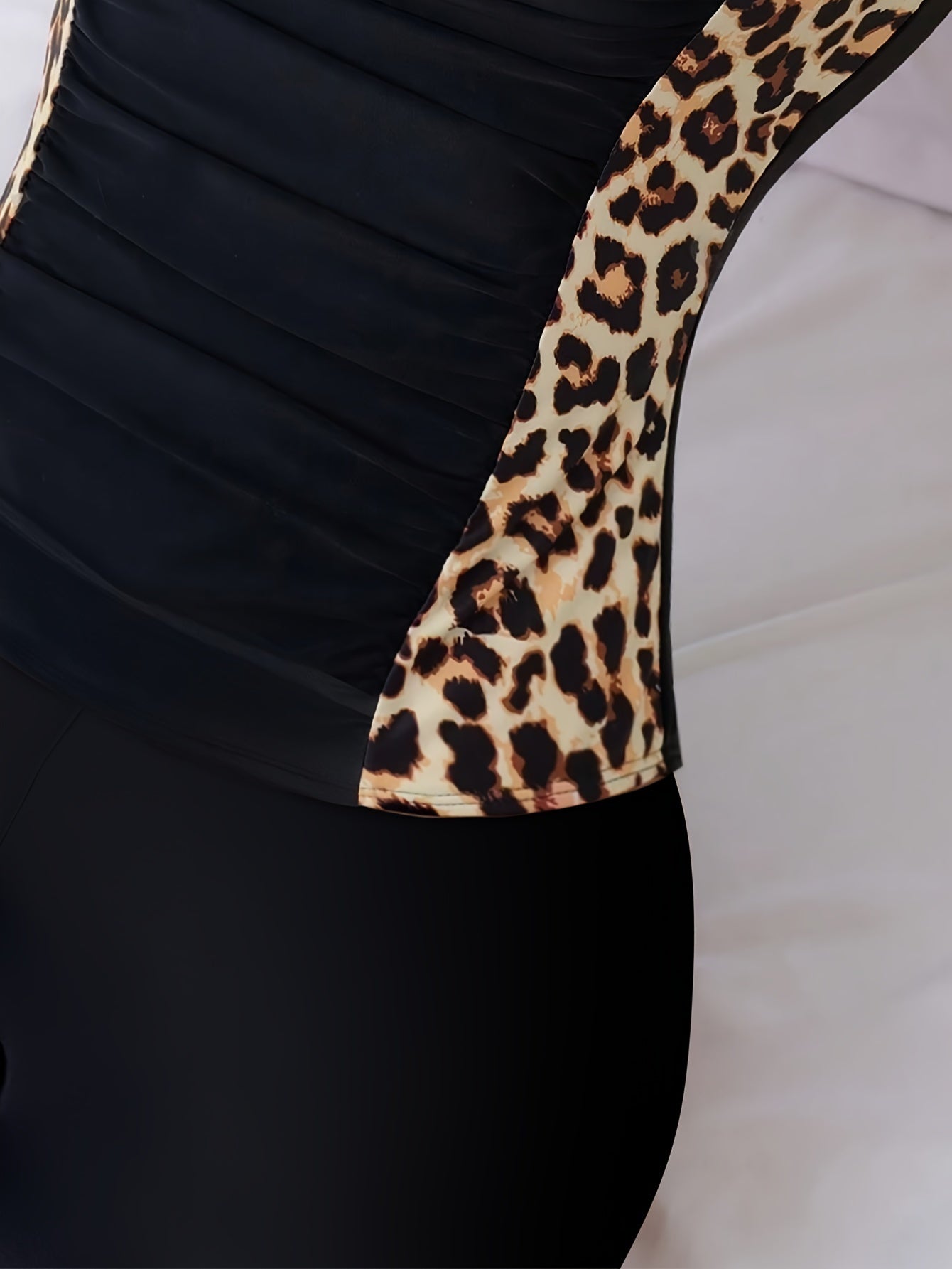 Leopard Trim Colourblock Swim Romper with Built-In Bra Support