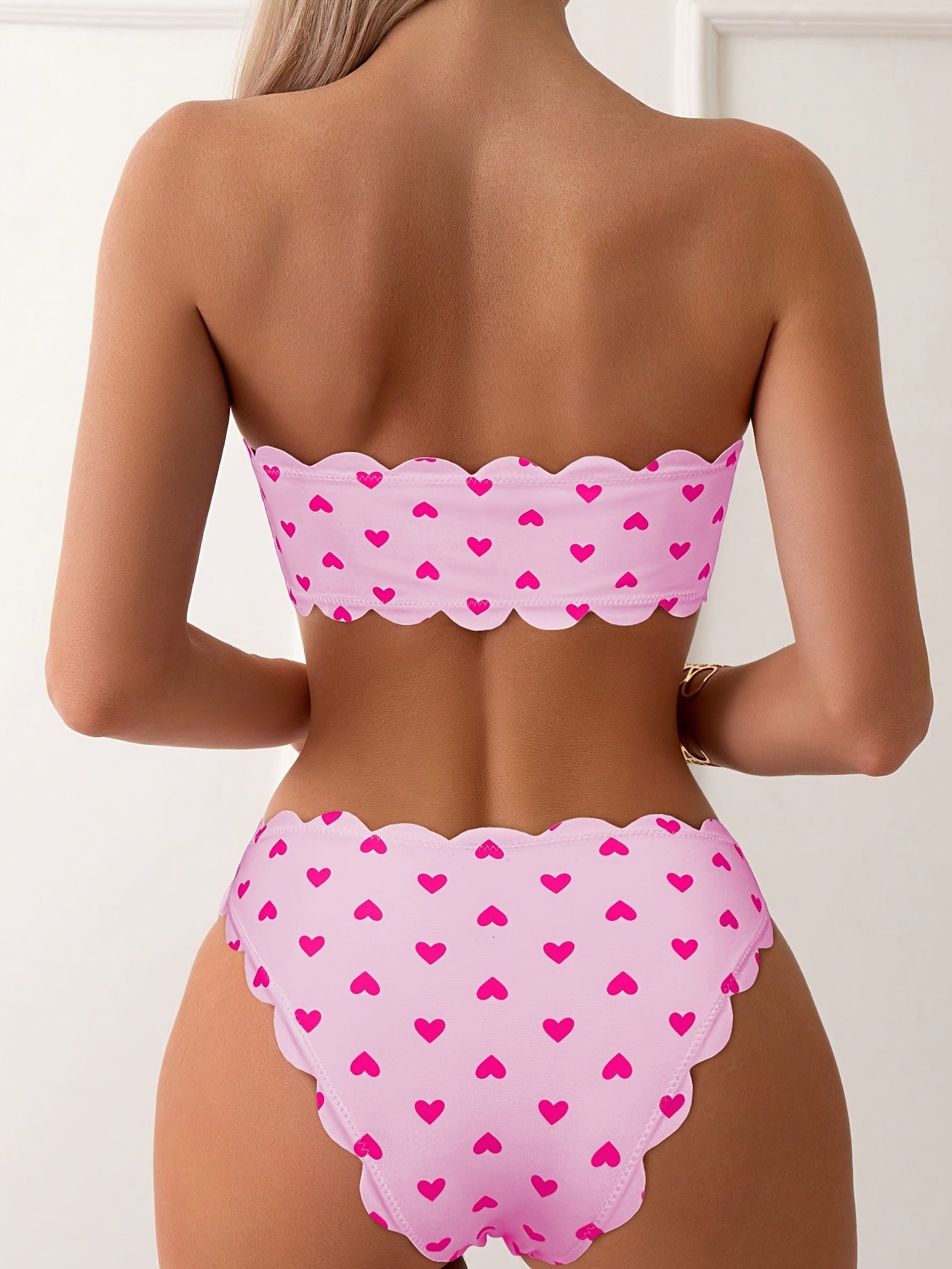 Heart Print Scalloped Bikini Set – Sweet Retro High-Waist Swimwear