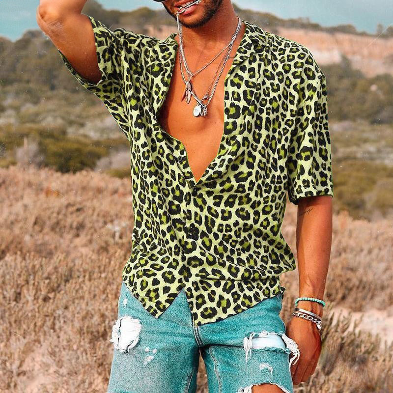 Men's Revere Collar Shirt – Leopard Print, Relaxed Fit Holiday Shirt
